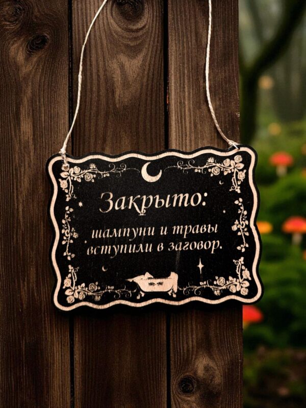 Табличка «Шампуни и травы вступили в заг» — Деревянный ведьмин декор