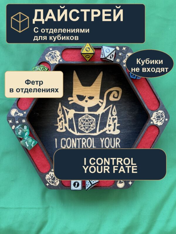 Dice Tray с отделениями, деревянный лоток для DnD, I Control Your Fate