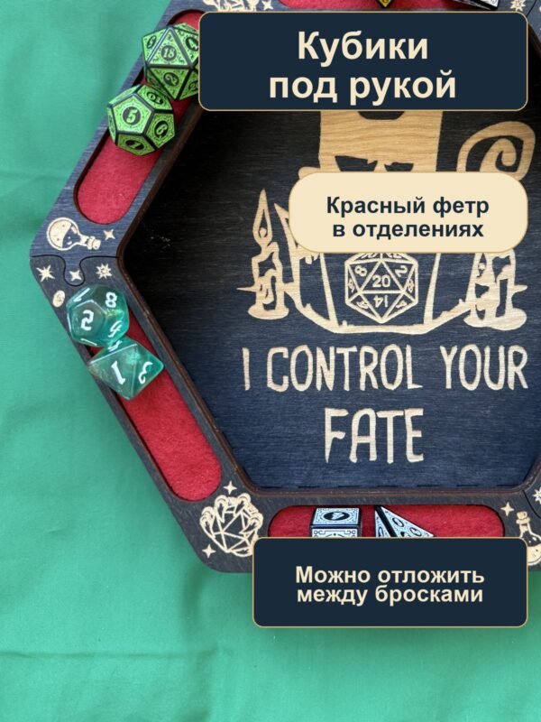 Dice Tray с отделениями, деревянный лоток для DnD, I Control Your Fate